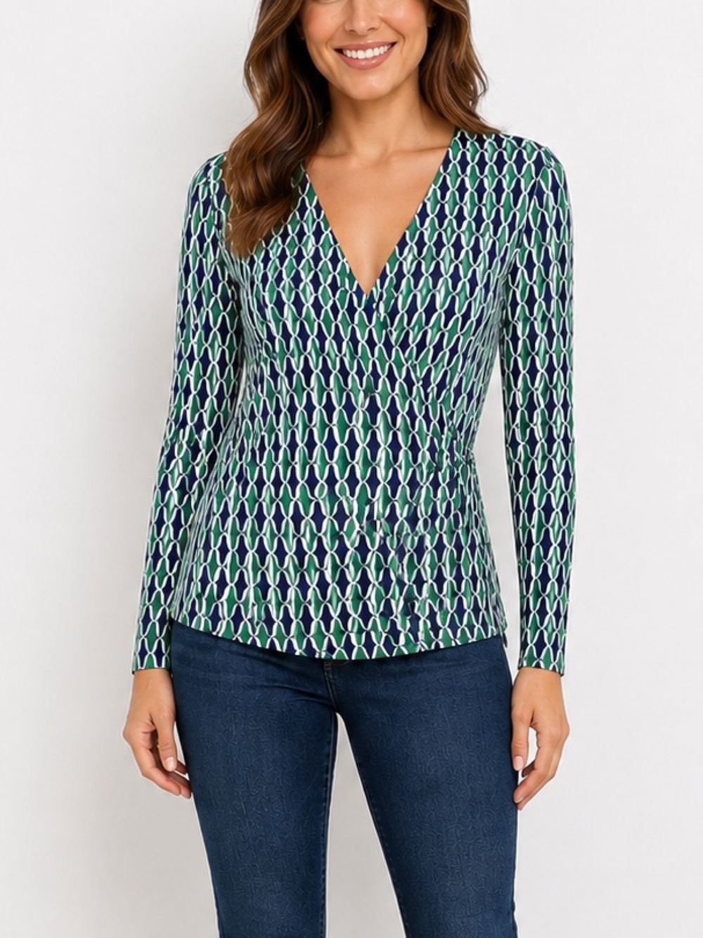 Boden Wrap Top Green Blue Geometric Print V-Neck Long Sleeve Casual Preppy sz 8